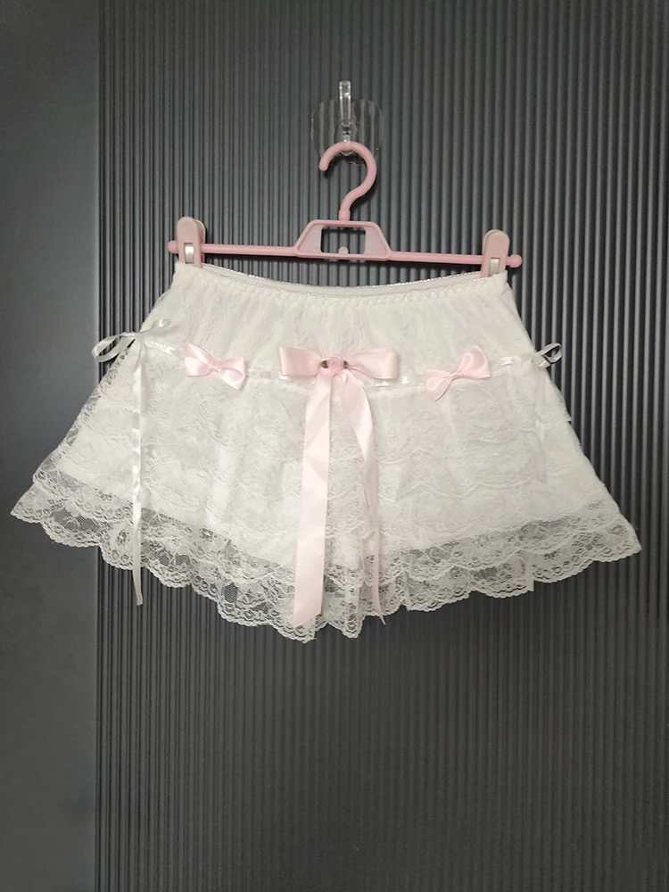 

Cute Multilayer Lace Shorts Women Bows Decoration Elastic Waist Lolita Style Bottoming Safety Short Pants for Sweet Girls