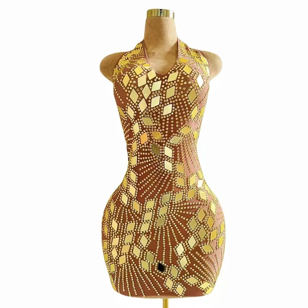 

Women Prom Celebrate Birthday Party Short Dress Gold Silver Rhinestones Mirror Sleeveless Halter Tight Mini Dress Stage Costume