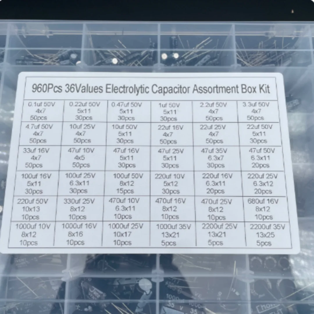 36 kinds of capacitance values (0.1uf-2200uf), 1000uf 25V 35V through-hole aluminum electrolytic capacitor box, 960PCS
