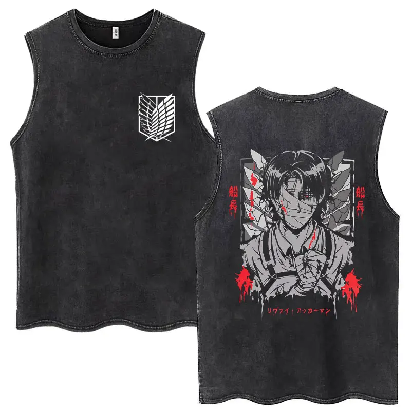 أنيمي هجوم على تيتان هجوم على تيتان ليفي أكرمان طباعة غسلها خمر تانك القمم الرجال النساء مانغا المتضخم أكمام تي شيرت #1