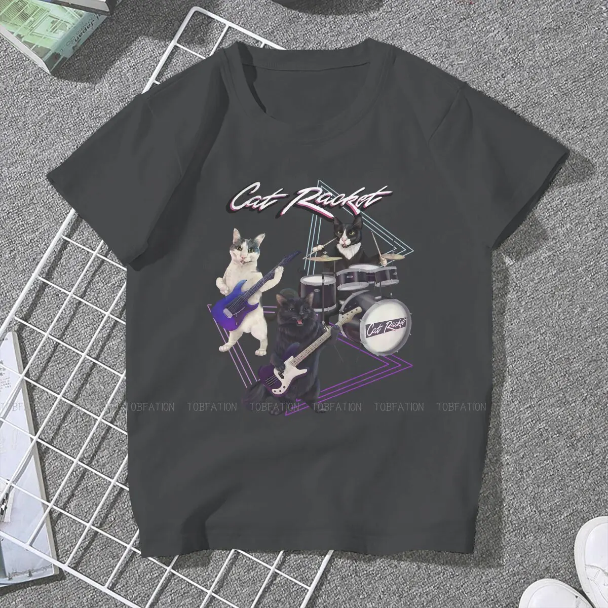 Cat Racket Cat Band On Guitar Bass and Drums Classic  TShirt For Girls Bass Guitar Rock Music Harajuku Female T Shirt Cotton