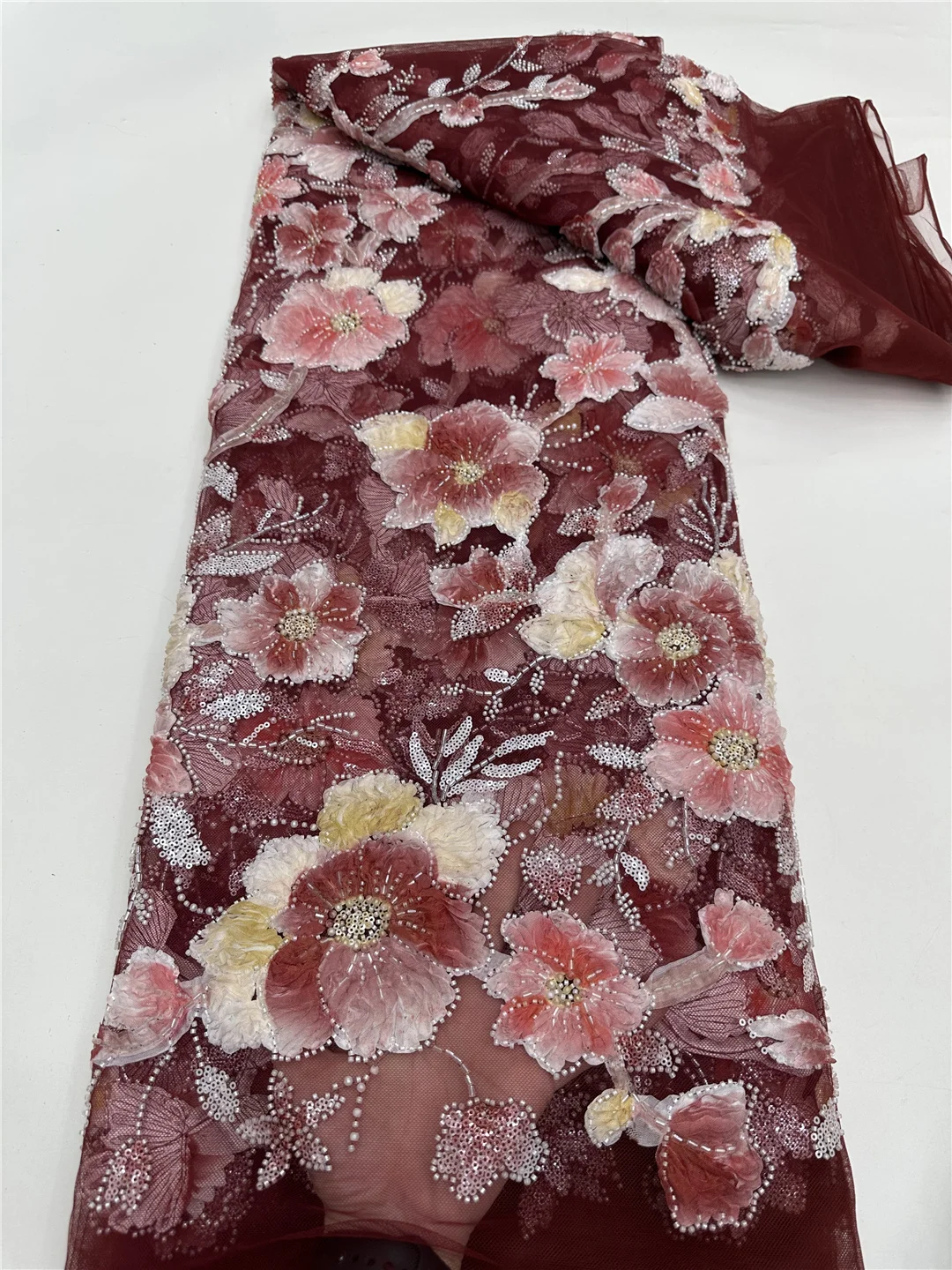 5 Yards Luxury African Lace Tulle Fabric French 3D Flower Embroidered Applique Sequins Fabrics For Party Sewing Material -RF