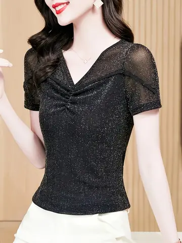 Women's Mesh V-neck Rhinestone Short Sleeved Slim Fit And Shiny Silk Top With A Stylish Commuting Style, Suitable For Both Insid