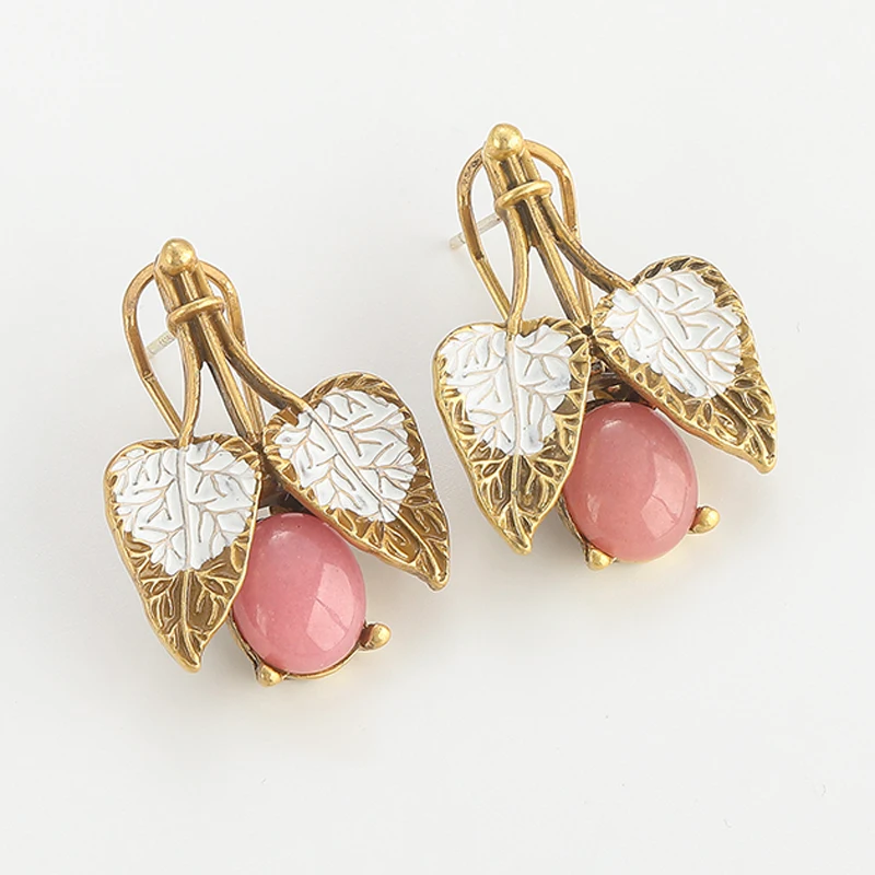 خمر ورقة الوردي القرط مسمار روز كوارتز الحجر الطبيعي المينا الذهب اللون أنيقة مجوهرات فاخرة جودة مصمم هدايا الزفاف #6