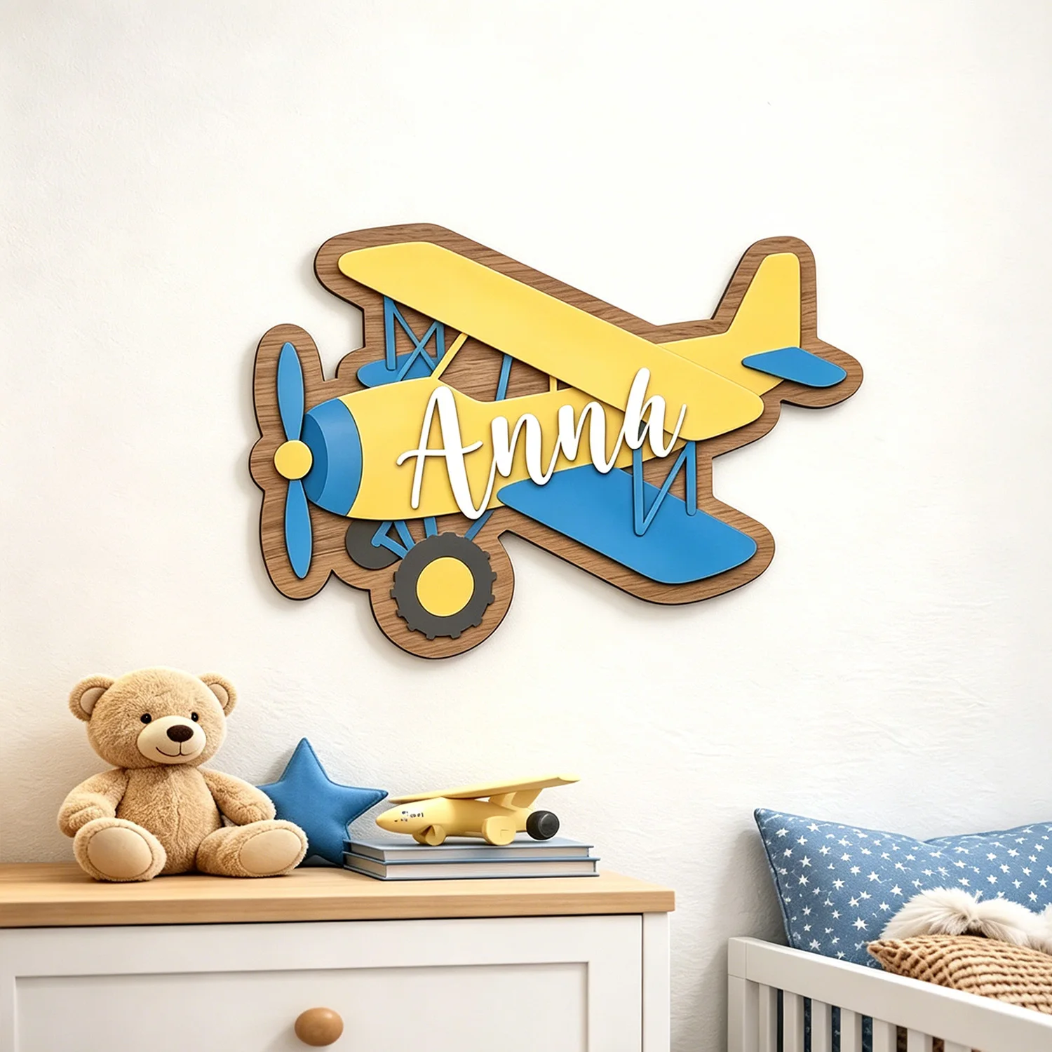 1pc Multi-layer Customizable Wooden Airplane Name Tag, Wall Decoration, Airplane Theme, Children's Room Decoration,Birthday Gift