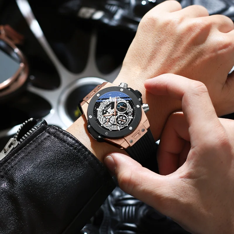 CHENXI 949 Relojes de cuarzo para hombre Calendario de fase lunar Cronógrafo luminoso Correa de silicona Reloj deportivo resistente al agua para hombre