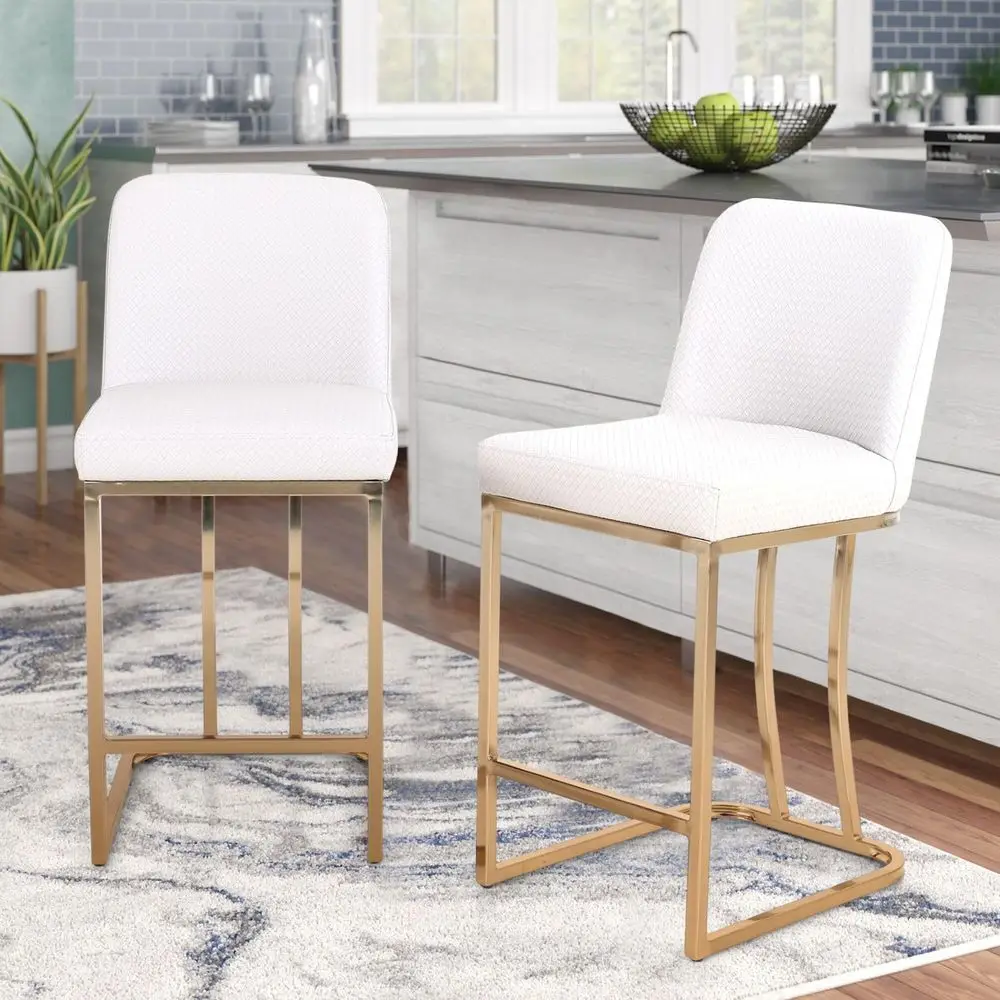 

amp William Creamy White amp Gold Counter Height 2 Bar Stools Set Farmhouse Style with Back, Modern Faux Leather Upholstered