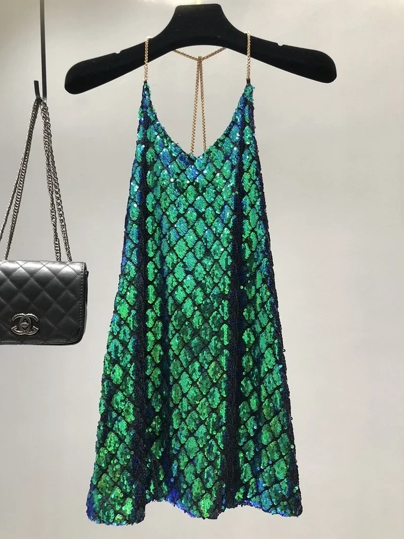 Sexy Dresses Party Night Club Dress 2024 Dress Summer Metal Hanging Neck Sequins Backless Holiday Skirt with Shoulder-straps