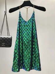 Sexy Dresses Party Night Club Dress 2024 Dress Summer Metal Hanging Neck Sequins Backless Holiday Skirt with Shoulder-straps