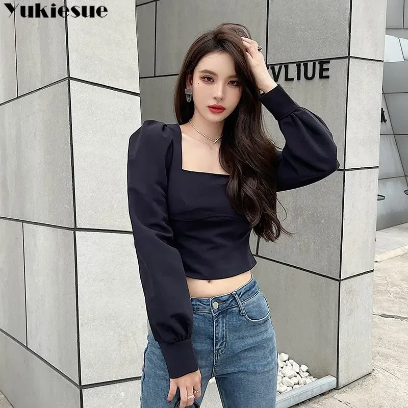 Vintage Spring Clothes Design Popular Streetwear Ins T-shirts Women Square Collar Slim Harajuku Puff Sleeve French Style Ladies