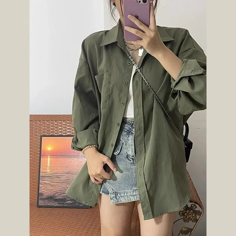 Deeptown Harajuku Green Basic Women Shirts Long Sleeve Blouse Vintage Japanese Fashion Oversized Streetwear Summer Korean Style