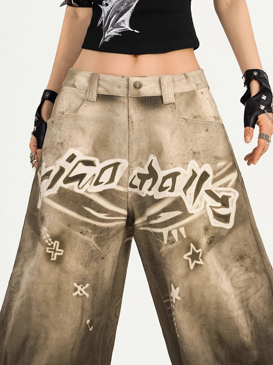 REDDACHiC Y2k Stampa Star Baggy Jeans Donna Distressed Tasche sfumate Gamba larga Vita bassa Pantaloni a botte Abiti estetici di moda