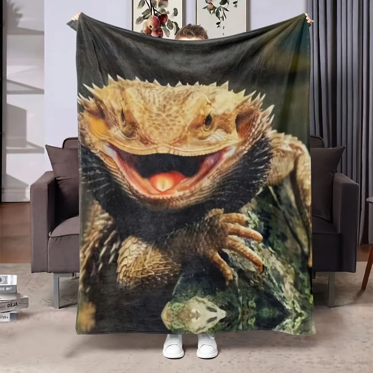 Large Lizard Print Fleece Throw Blanket Cozy Plush Home Decor Reptile Monitor Lizard Gift for Kids and Adults Unisex