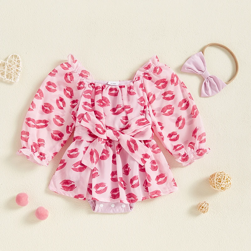 Baby Girl Valentine’s Day Outfits Long Sleeve Lips Print Romper with Headband 2 Pieces Set Spring Newborn Clothes