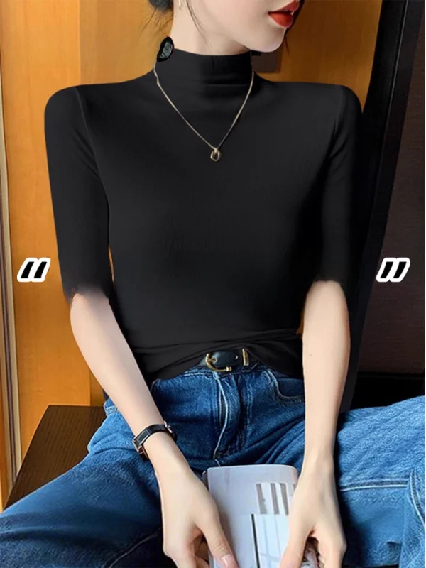 

Bla Modal Base irt Women's Faion Autumn New f High Collar mid Sve Korean Sle Five Sve Top Casual Wear
