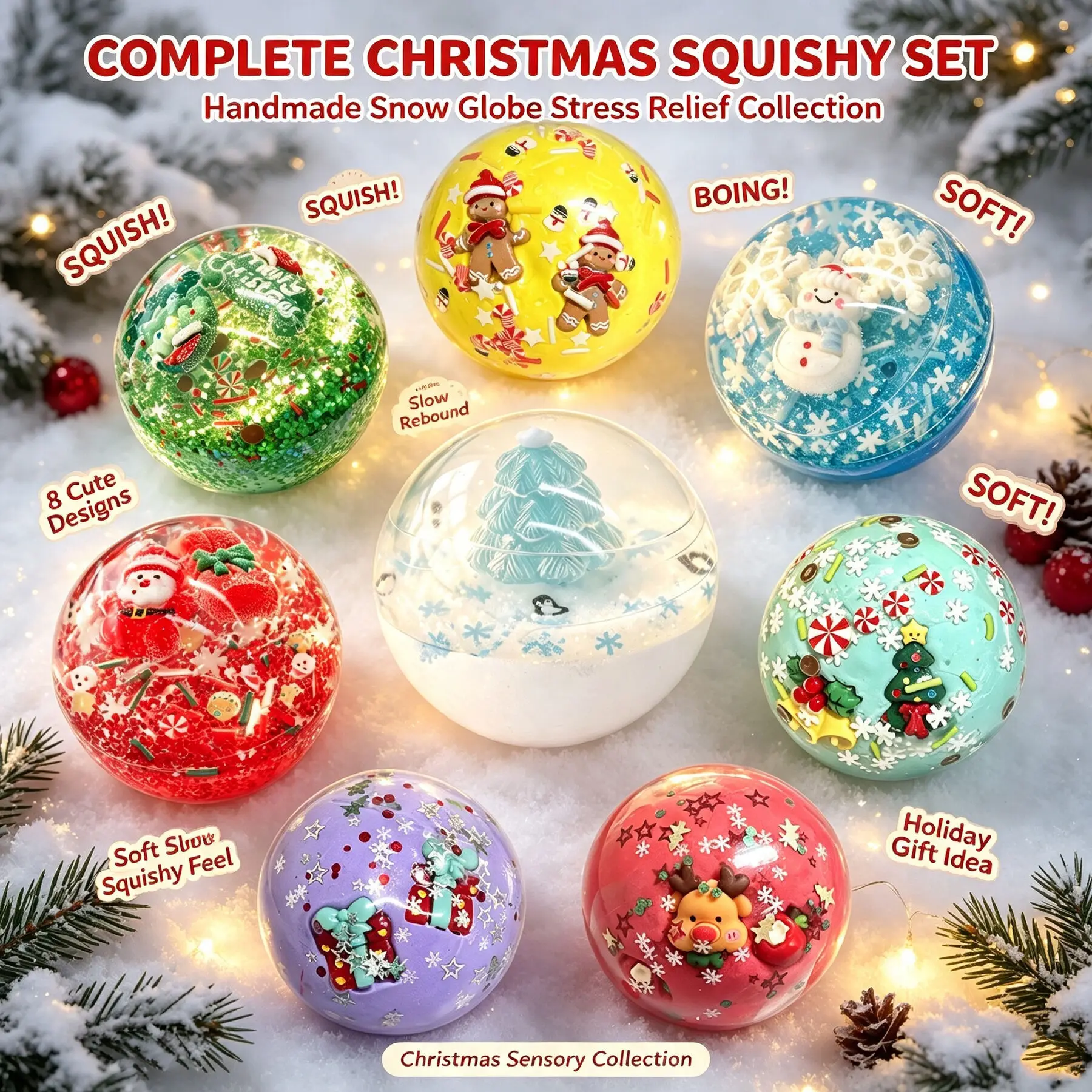 Handmade 8PCS Set Christmas Squishy Ball Stress Relief Toy Snowman Santa Snowflake Squeeze Toy Holiday Gift for Kids And Adults