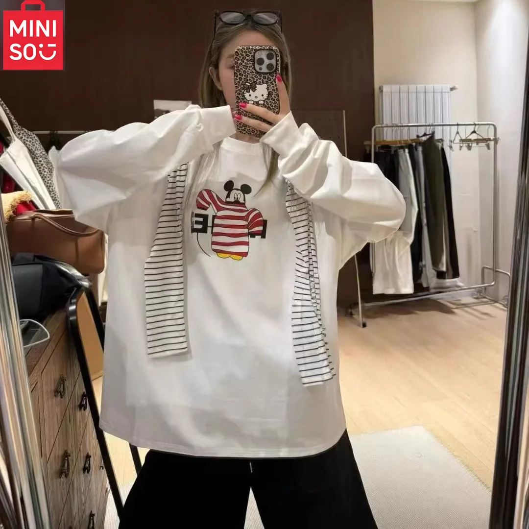 

MINISO новая повседневная свободная утягивающая футболка с круглым вырезом и длинными рукавами с рисунком Микки, женский универсальный топ