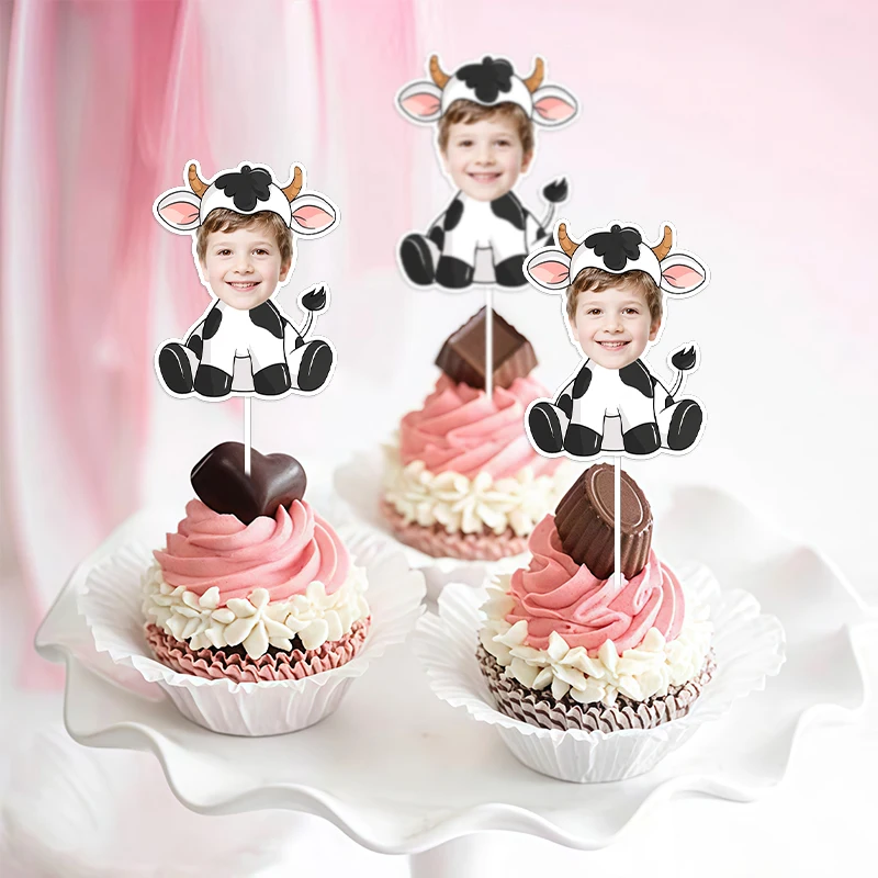 12/24 Stück Personalisierte Foto-Kuh-Cupcake-Topper, Individuelle Gesichts-Kuh-Kostüm-Cupcake-Stecker, Bauernhof-Tier-Geburtstagsparty-Deko