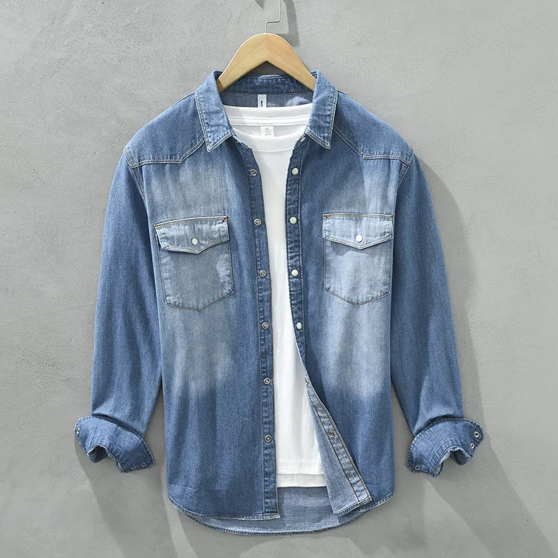 

Retro Japanese Style Long Sleeve Denim Shirt Casual Versatile Trendy Men's Clothing Outerwear Cotton Blend Pocket Detail