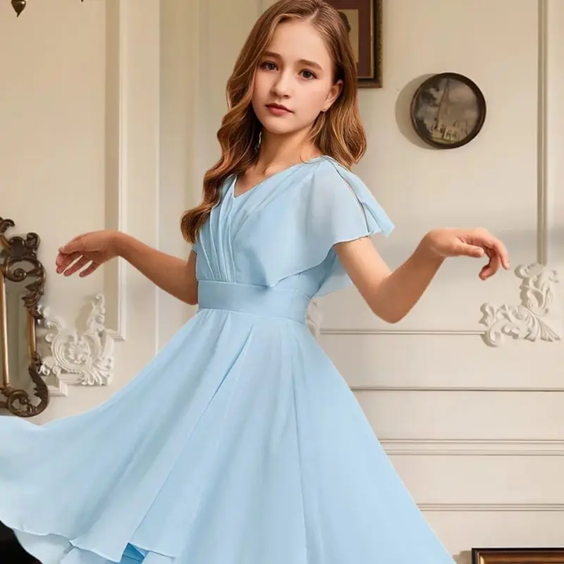 

DC Kids A-Line V-Neck Asymmetrical Chiffon Junior Bridesmaid Dress Flower Girl Dress Flutter Sleeve Girls Party Formal Wedding