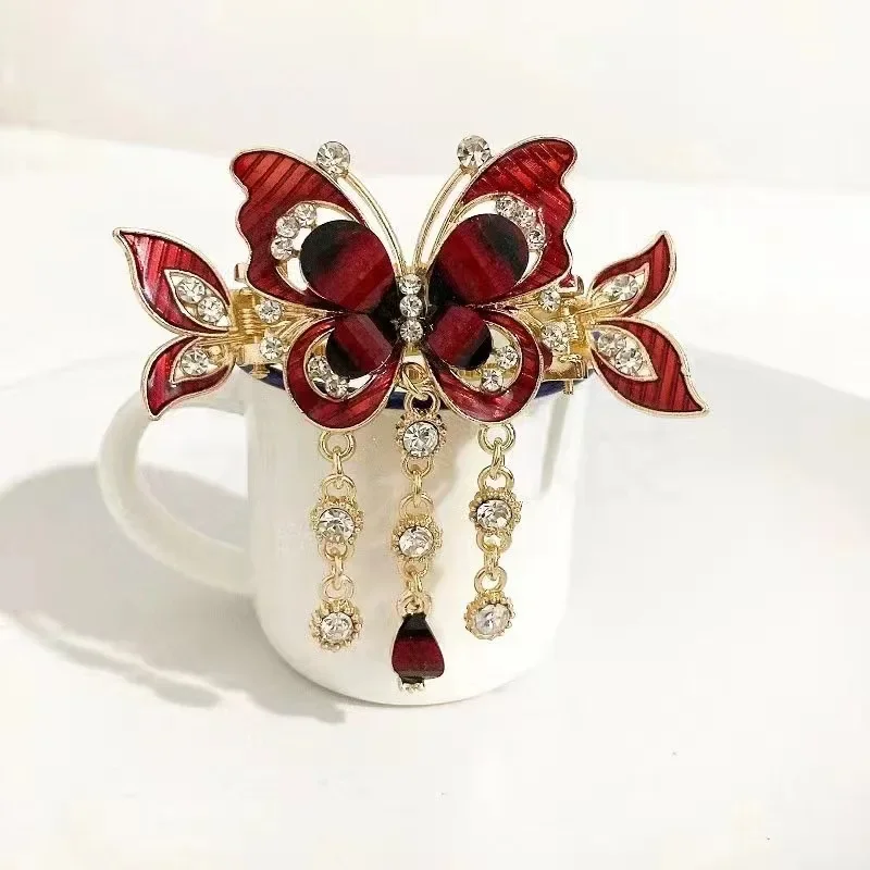 Fashion Elegant Zircon Butterfly Tassel Hairpin Accessories For Women Retro Ethnic Style Small Crab Clip Headwear Jewelry Gift