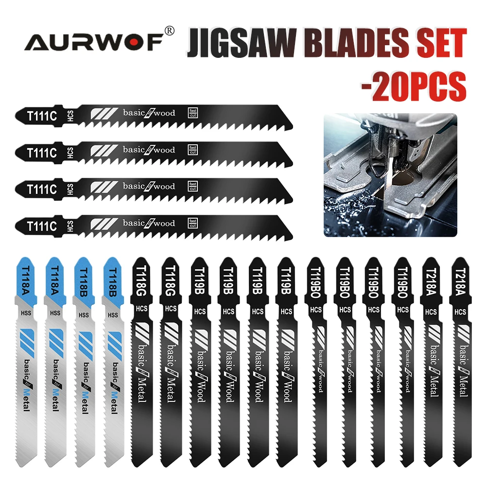 AURWOF Jig Saw Blades T119BO Wear Resistance T-shaft T111C T118A T118B T118G 20Pcs Wood For Metal HCS/HSS Professional JIG02T20A