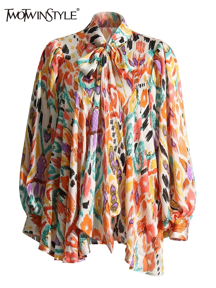 TWOTWINSTYLE-camisa informal con estampado de bloques de colores para mujer, blusa holgada de manga larga con cuello levantado y cordones de