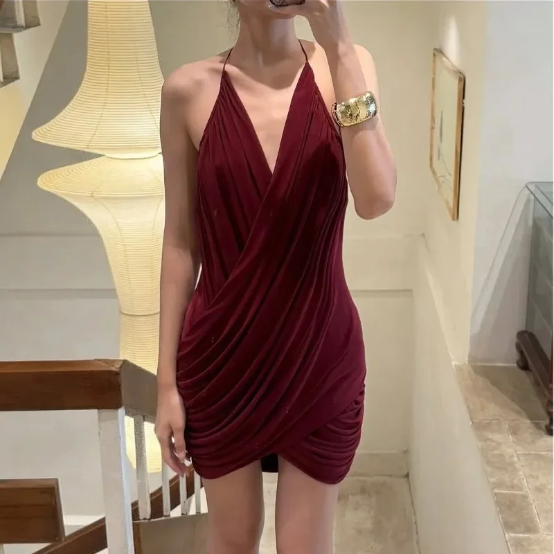 クロスシャーリングボディコンミニドレスセクシーな V ネックスパゲッティストラップバックレスヒップスタースリムパーティークラブウェア女性固体カジュアルストリートウェア