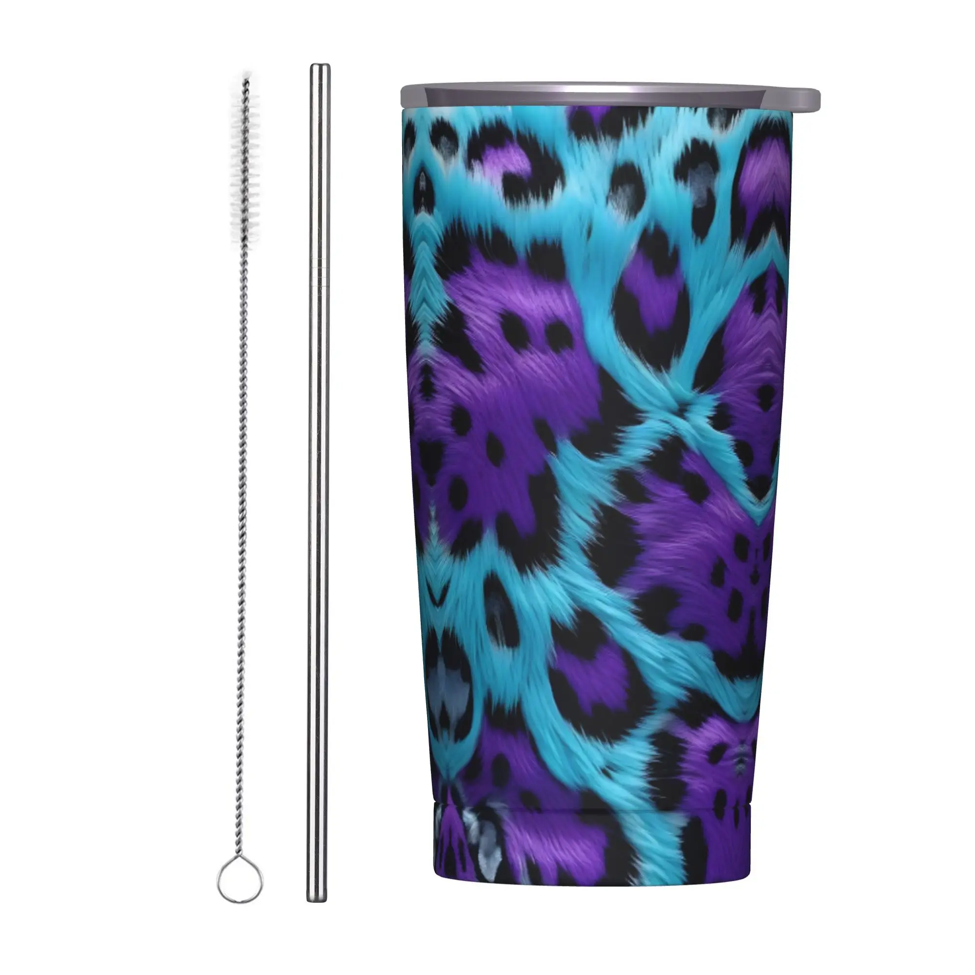 Leopard Purple Insulated Tumbler with Lid Simulated Print Stainless Steel Coffee Mugs Office Home Car Bottle Cup, 20oz