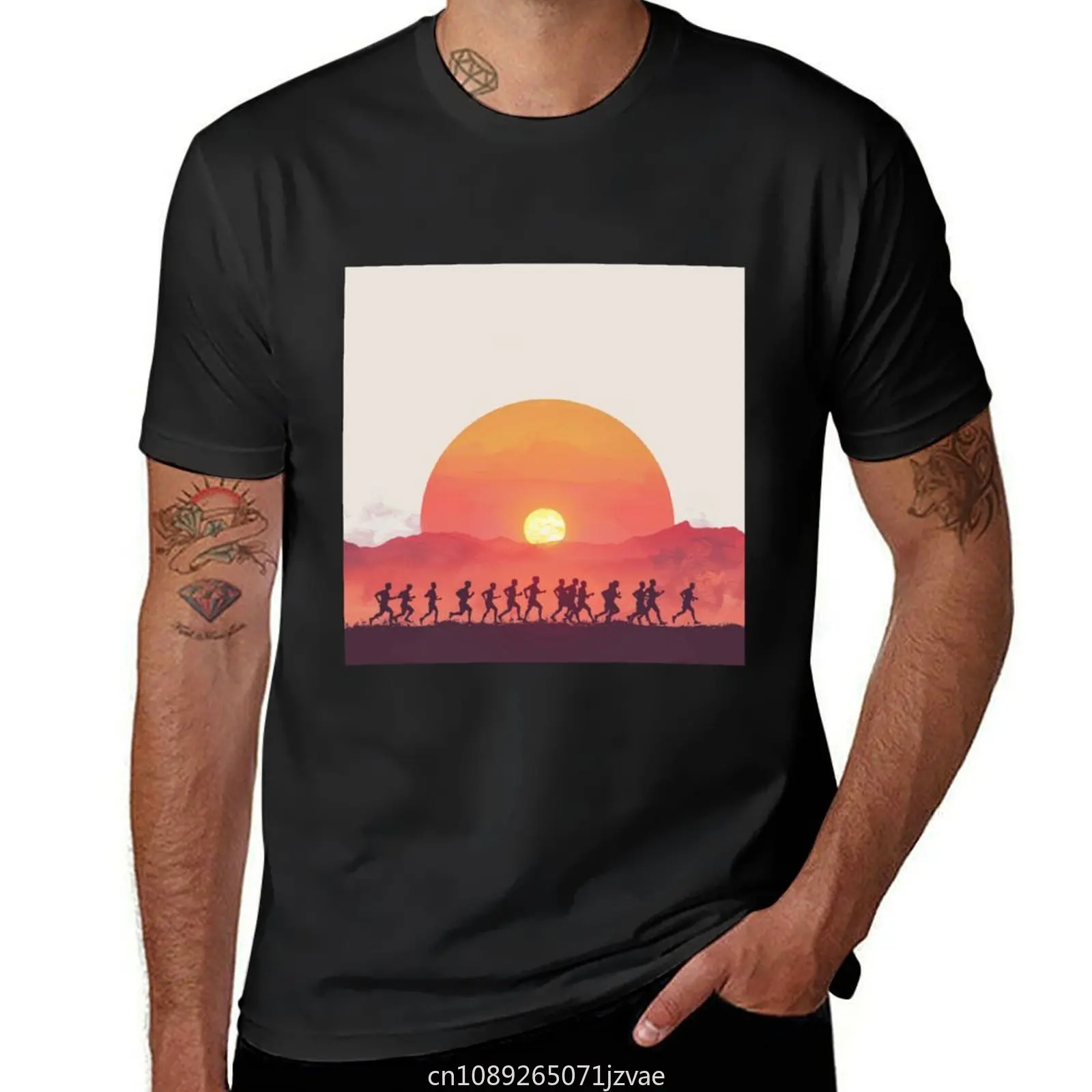 Sunset gradient backdrop runners crossing finish line Active Outdoors Inspired Art T-shirt plus sizes tshirts for men