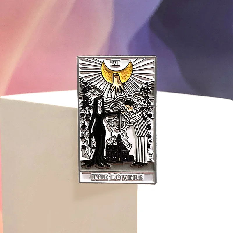 Comedy Badge Pins Brooch Creative Tarot Card THE LOVERS Anime Gomez And Morticia Addams Enamel Brooches Jewelry Gift Accessories image 4