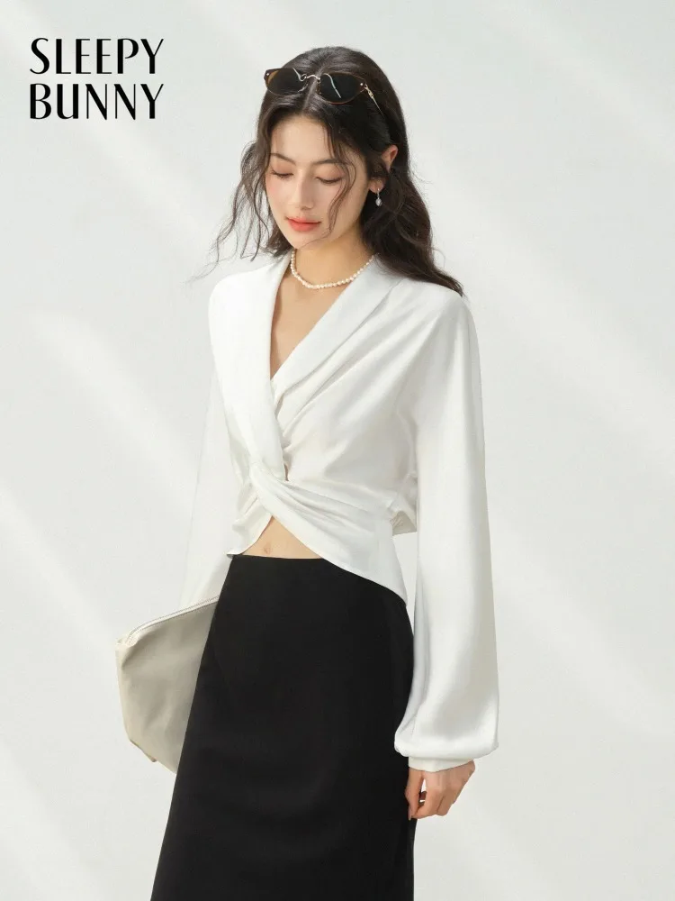 

Elegant White Satin Blouse Women Long Sleeve V Neck Shirt French Short Top Slim Fit Waist Design | Autumn Fashion Office Outfit