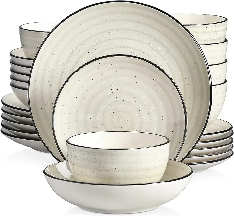 Stoneware Dinnerware Sets 24 Pieces Bonbon Beige Dinner Set, Plates and Bowls Sets with Dinner Plates Pasta Bowls Soup