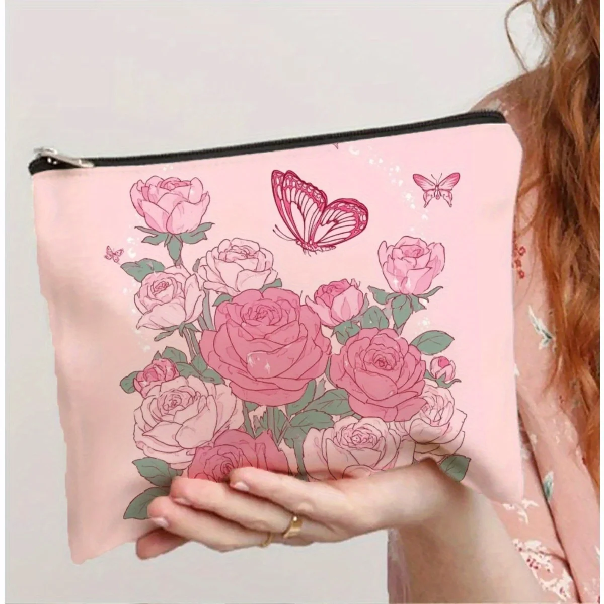 

APink Rose Butterfly Patterned Makeup Bag- Multifunctional Zipper Pouch, Jewelry Storage Bag, Perfect Travel Zipper Small Storag