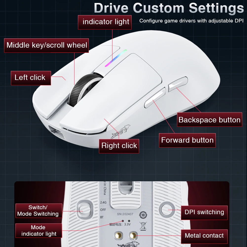 LB-M6 Tri-mode Wireless Gaming Mouse Magnetic Charging Dock DPI Adjustable Macro Programming Ultra-Light RGB Gaming Mouse