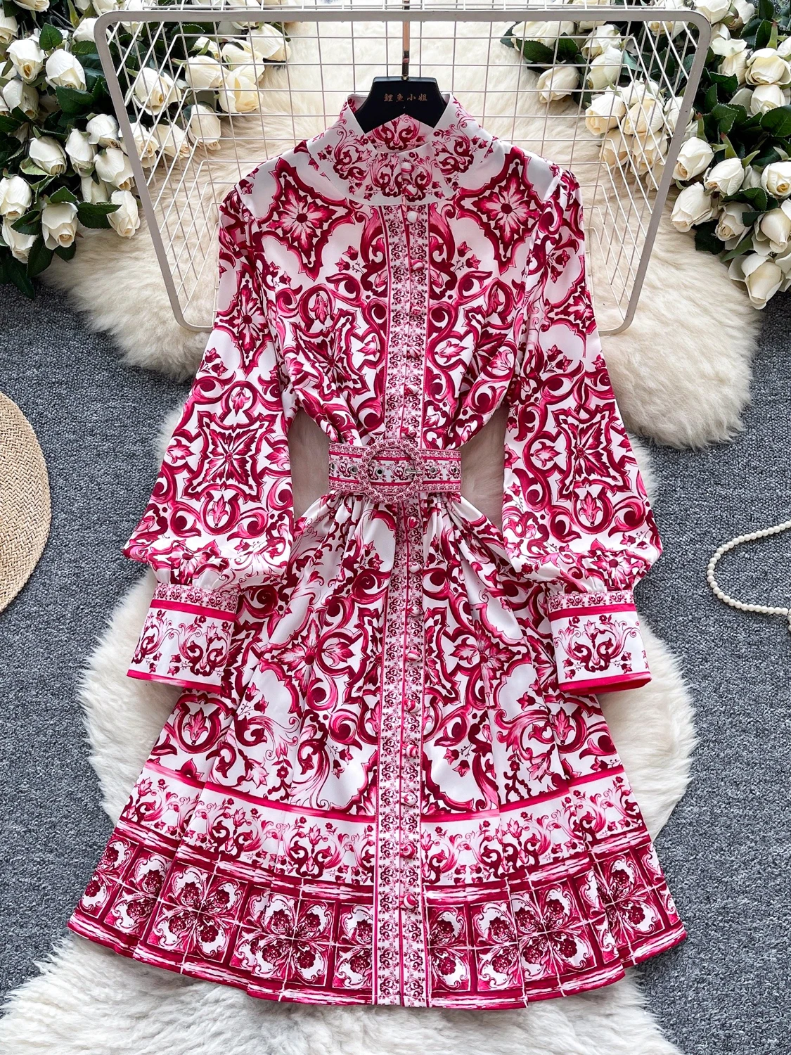 Lanterne imprimée rétro Court Sle Sve Dr pour femmes, col montant, cintré à la taille, amincissante, mi-longue, été