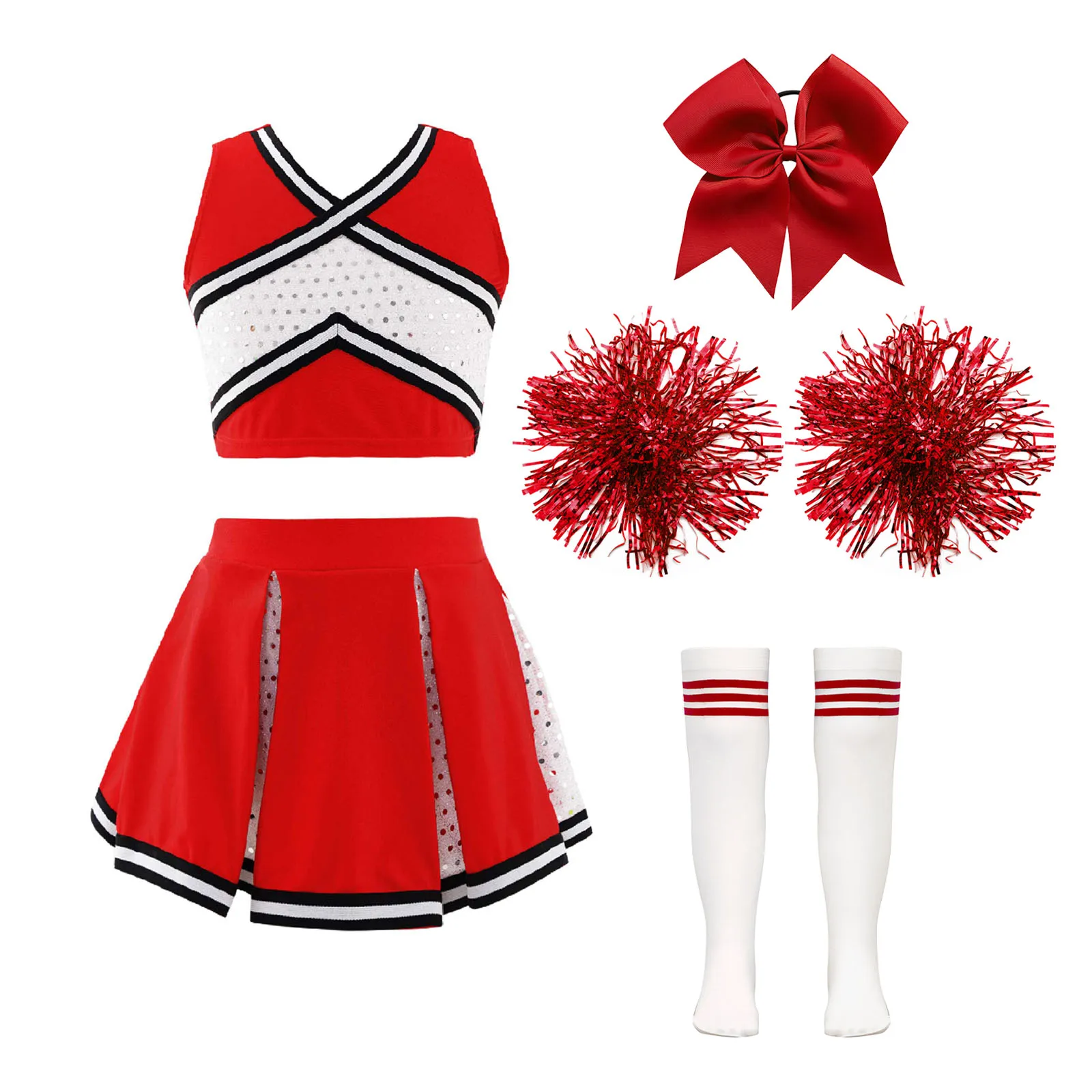 Kids Girls Cheerleading Uniform Cheerleader Costume Sequins Crisscross Striped Front V Neckline Crop Top Pleated Skirt Dancewear