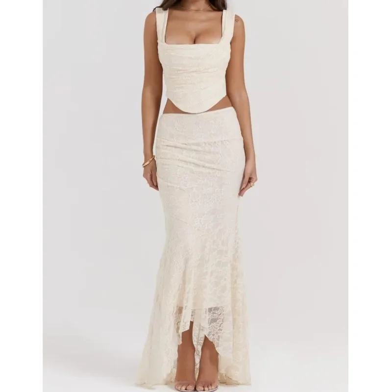2023 Sexy Beige Lace Flower Cross Lacing up Back Camis Corset Crop top Zipper Waist Package Hips Mermaid Midi Skirt