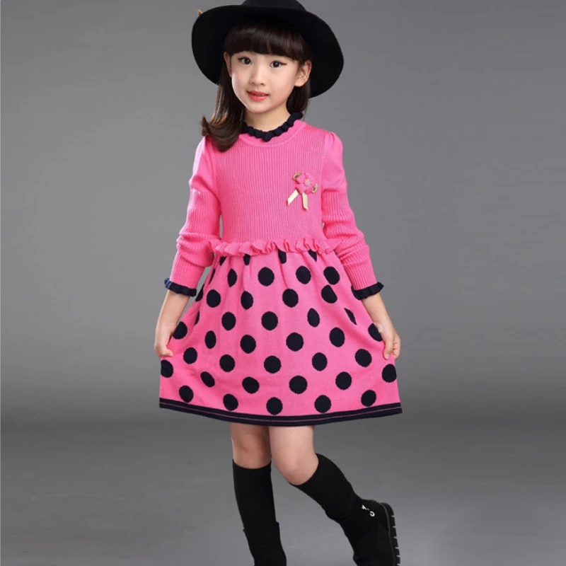 

2023 New Autumn winter Kids Girls Sweater Dress Fashion Dots Children flower Sweaters Dresses Knitted girl Pullover skirt 3-10y