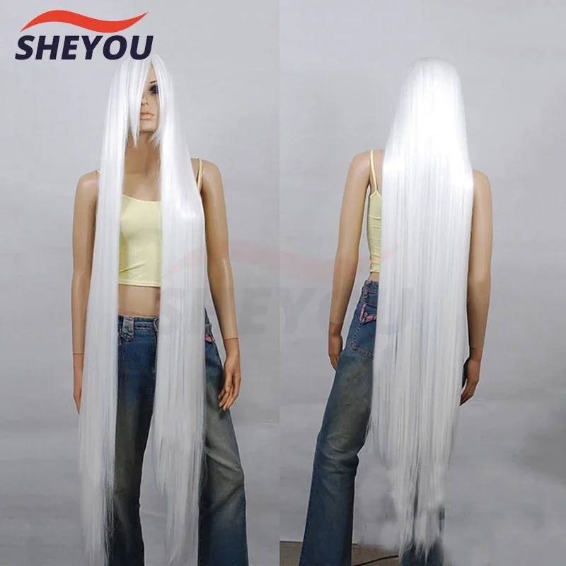 High Quality 150CM  White Long Straight Heat Resistant Hair Cosplay Costume Wig   Wig Cap
