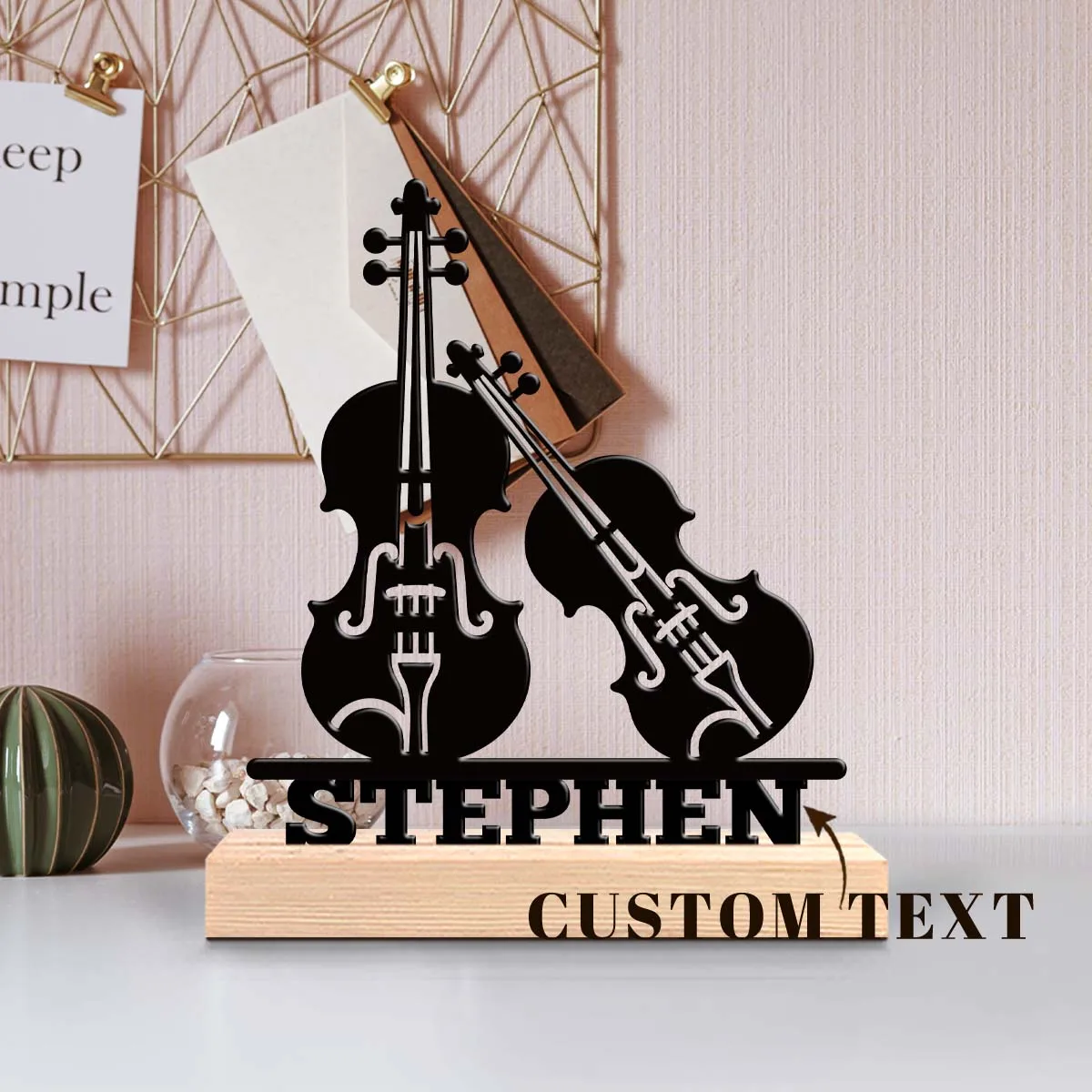 1Pc Csutom Name Modern Cello Wooden Base Metal Art Ornament,Home Office Hotel Cafe Club Decor,Ideal Gift for Family Friends