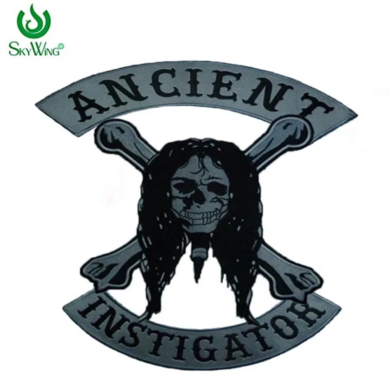 Motorcycle Biker Large Skull Logo Full Back Patch ANCIENT INSTIGATOR Embroidered Iron On Patches For Jacket Vest Decoration