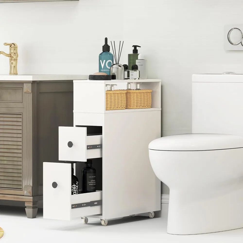 خزانة تخزين الحمام الضيقة مع درجين منزلقين، وسلتين من الروطان، ورفوف #2