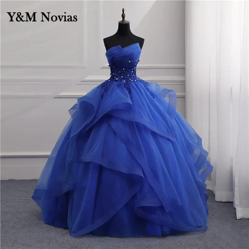 Real Video Formal Evening Dresses Ball Gown Elegant Blue White Strapless Sleeveless Priness Evening Dresses for party New Design