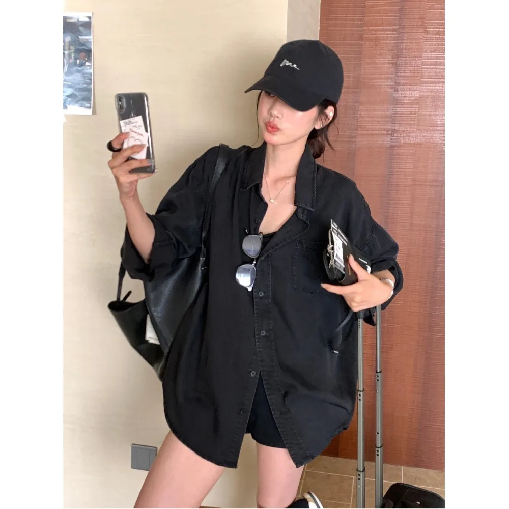 2026 Summer New Chic Retro Hong Kong Flavor Loose Denim Shirt Korean Style Casual Fit Long Sleeve Women's Premium Shirt