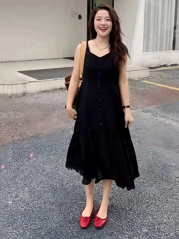 

plus Size Single Button Ruffle Hem Halter Dress Women Summer Fat MM Pear Shaped Body Meat Covering Slimming Little Black Dress