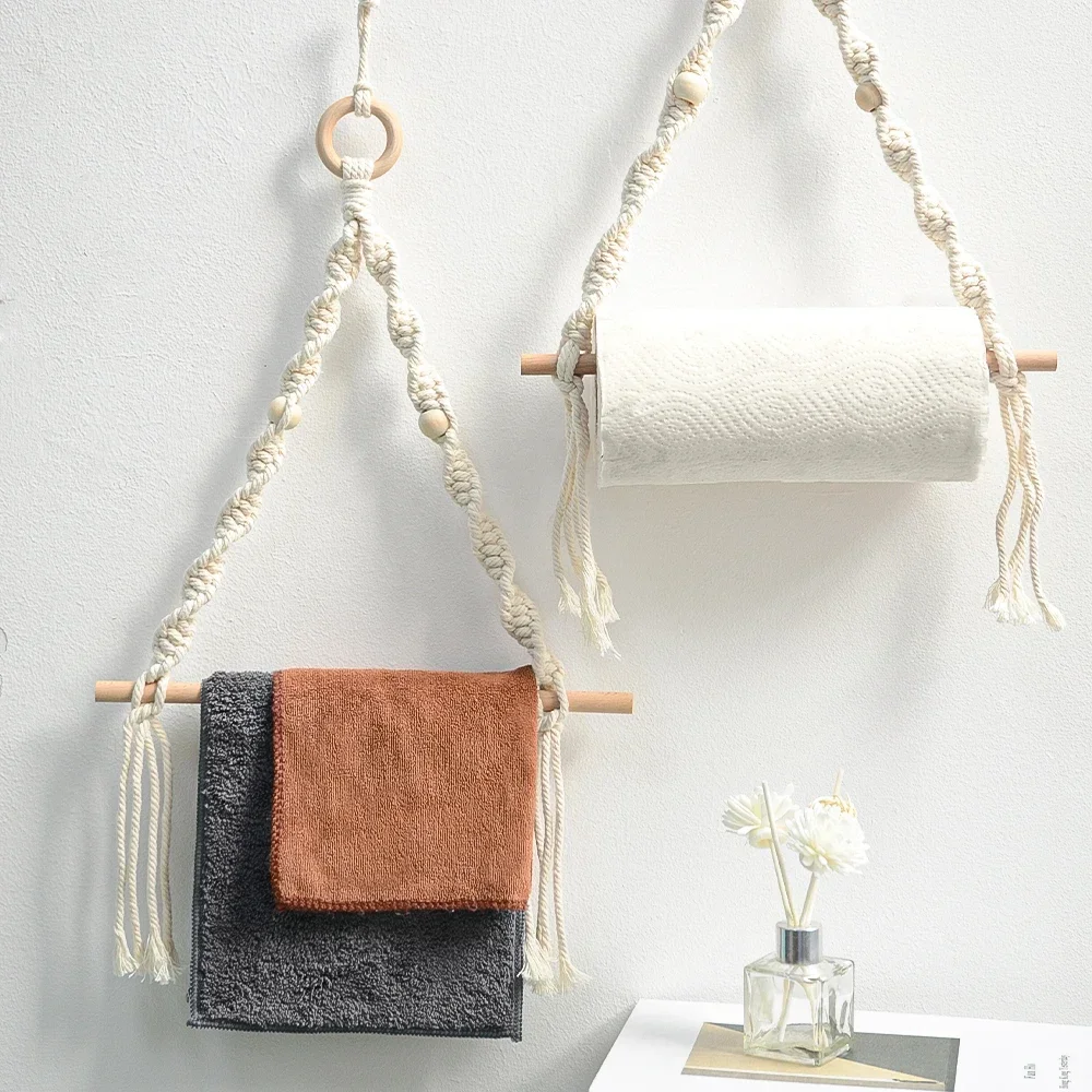 

Bohemian Hand-woven Wall-mounted Wooden Bead Roll Paper Rack Towel Rack Homestay Tissue Storage Rack Wall Home Decoration