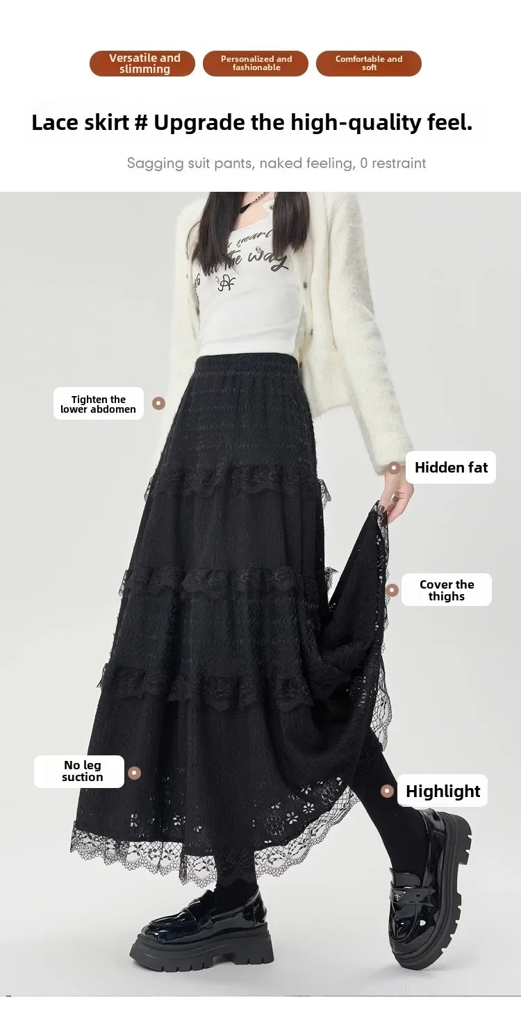 Gentle Wind High Waist A-Line Lace Splicing Long Skirt Women's Fairy Tale Cake Skirt Mid-Length Midi Skirt for Autumn Winter