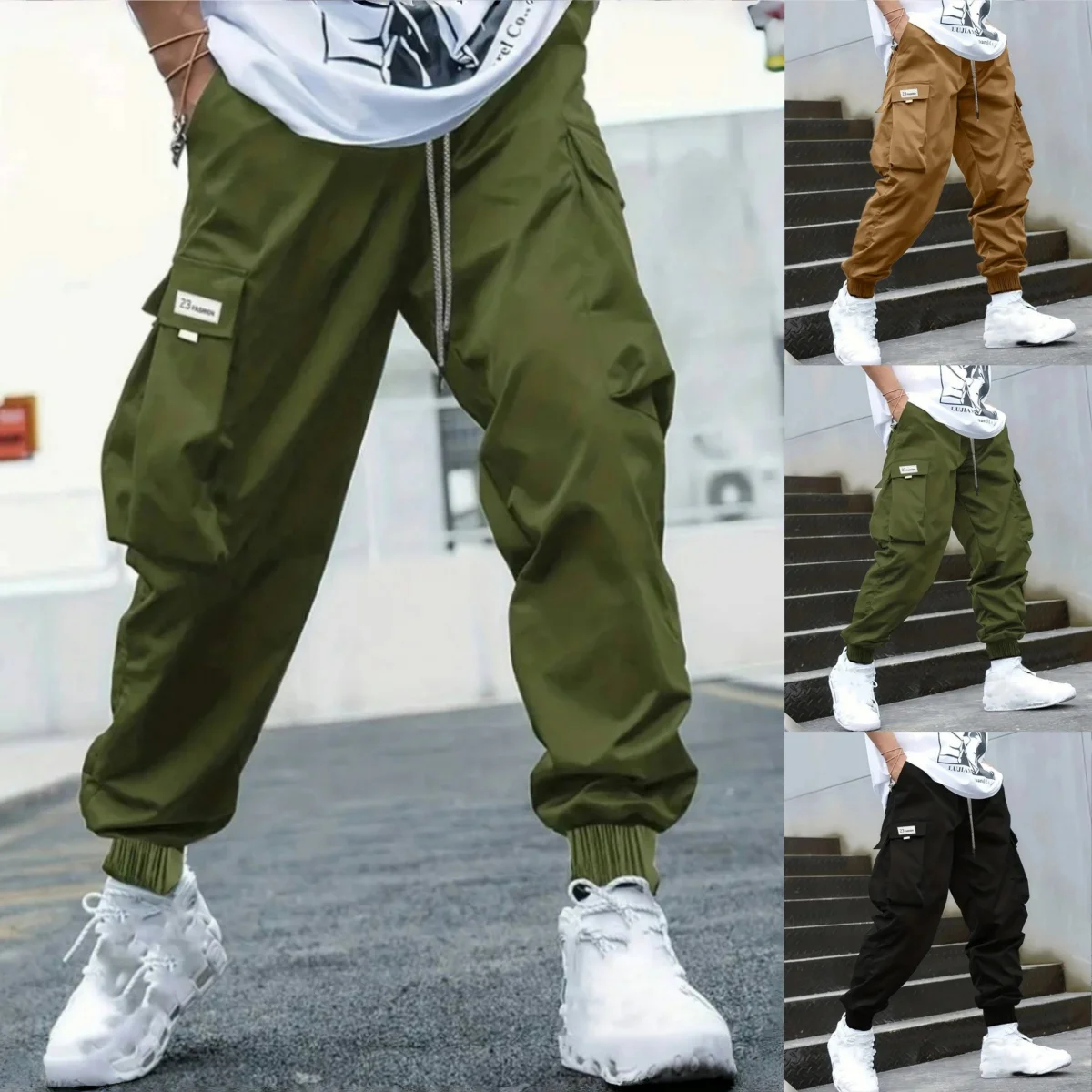 

Spring and autumn men's casual cargo pants with large pockets, street fashion rolled-bottom pants, outdoor sports combat pants