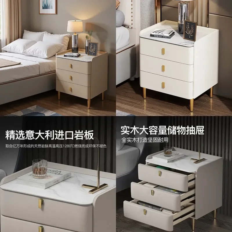 Italian Sintered Stone Nightstand Solid Wood Side Table Luxury Bedroom Storage Cabinet for Hotel Cruise Ship Rental Room